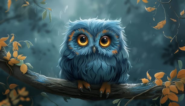 A cartoon owl is perched on a branch with leaves and berries by AI generated image.