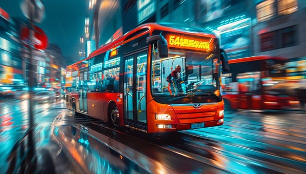 A bus is driving down a street with a red and white sign on the side by AI generated image.