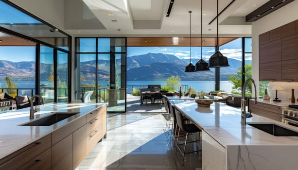 A large open kitchen with a view of the mountains and a lake by AI generated image.