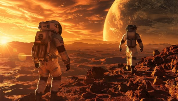 A group of astronauts are walking on a red planet by AI generated image.