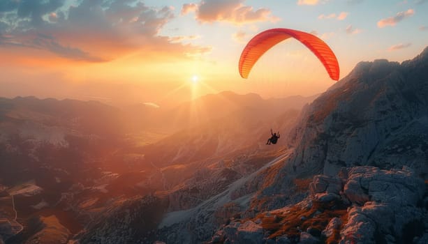 A man is flying a parachute over a mountain range by AI generated image.