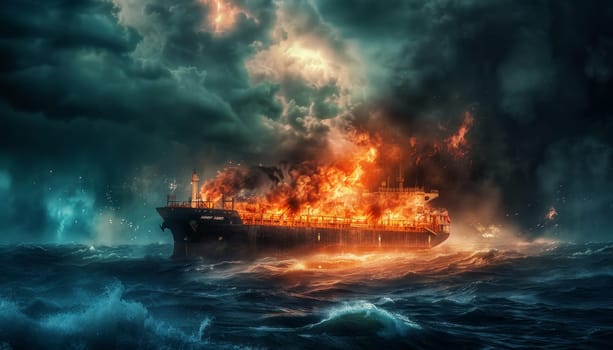 A ship is on fire in the ocean by AI generated image.