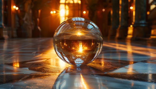 A large glass ball is sitting on a tiled floor by AI generated image.