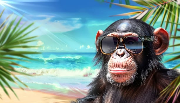 A monkey wearing sunglasses and glasses is standing in front of a beach by AI generated image.