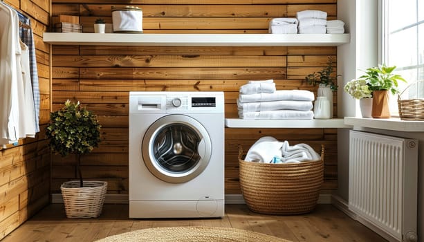 A white washing machine sits in a room with a wooden floor by AI generated image.