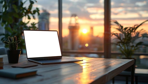 A laptop is open on a desk with a view of the city skyline by AI generated image.