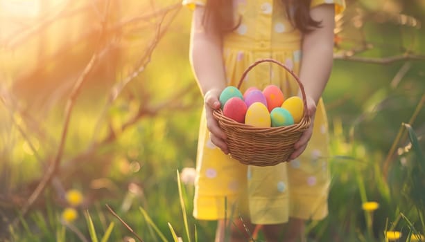 A young girl holding a basket of Easter eggs in a field by AI generated image.