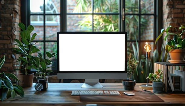 A computer monitor sits on a desk in front of a window by AI generated image.