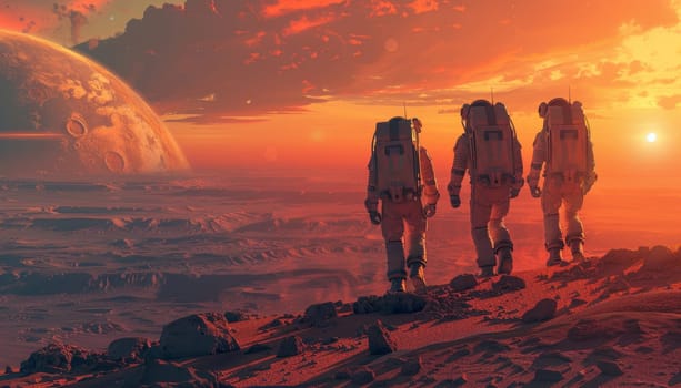 Three astronauts are walking on a rocky surface in a barren landscape by AI generated image.