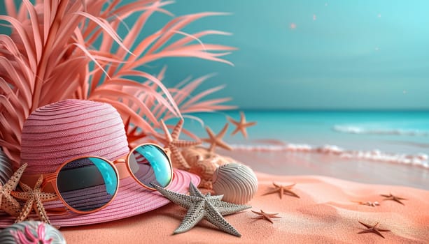 A pink straw hat with sunglasses sits on a beach with a starfish and seashells by AI generated image.