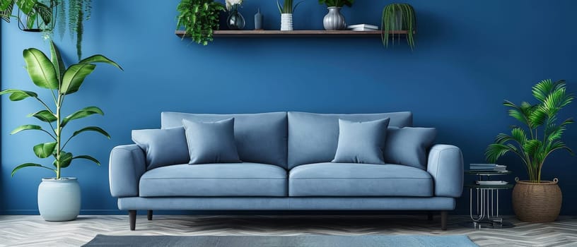 A white couch sits in front of a blue wall by AI generated image.