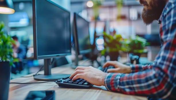 A man is typing on a computer keyboard in front of a computer monitor by AI generated image.