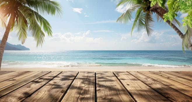 A beach scene with palm trees and a clear blue ocean by AI generated image.