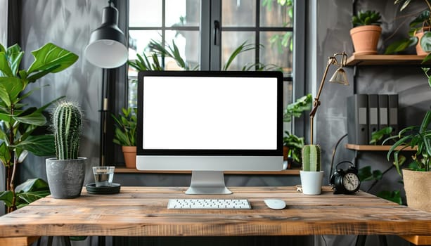 A computer monitor sits on a desk in front of a window by AI generated image.