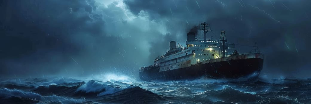 A large ship is in the middle of a stormy sea by AI generated image.