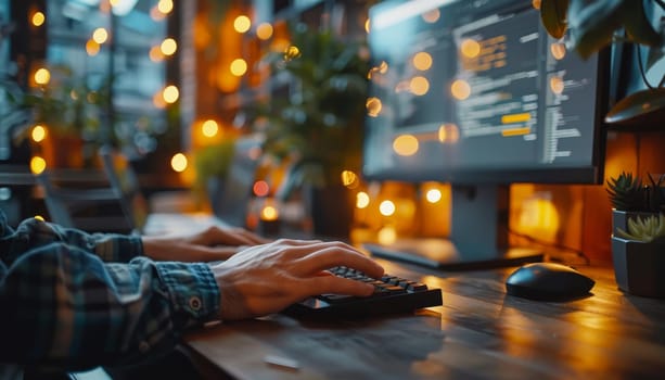 A man is typing on a computer keyboard in front of a computer monitor by AI generated image.