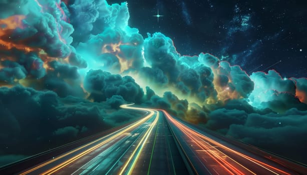 A colorful sky with a long road in the middle by AI generated image.