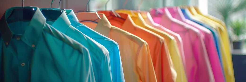 A rack of clothes with a variety of colors and patterns by AI generated image.
