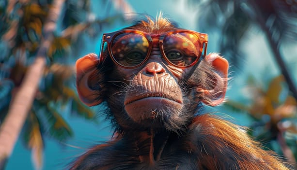 A monkey wearing sunglasses and glasses is standing in front of a beach by AI generated image.