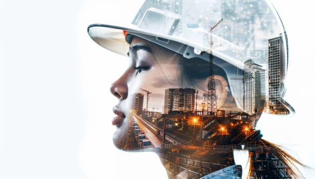 A woman wearing a hard hat is looking out over a city by AI generated image.