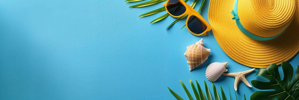 A blue background with a yellow hat, sunglasses, and shell on it by AI generated image.