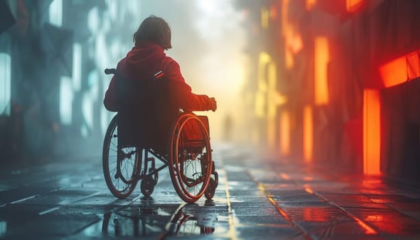 A man in a wheelchair is walking down a street by AI generated image.