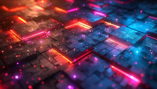 A colorful, neon-lit background with a grid of squares by AI generated image.