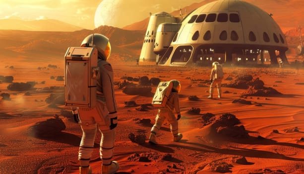 A group of astronauts are walking on a red planet by AI generated image.