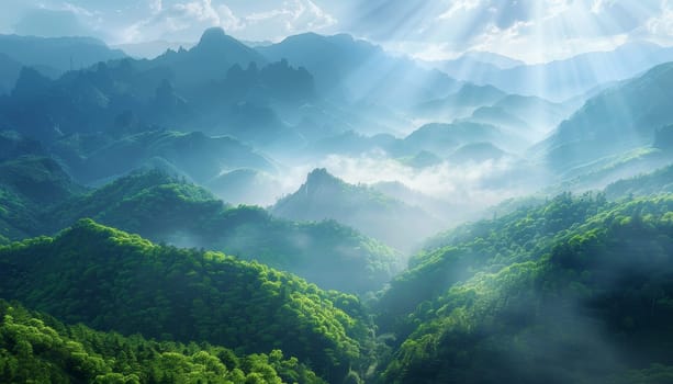 The mountains are covered in lush green trees and the sky is clear and bright by AI generated image.