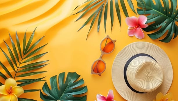 A tropical scene with a hat and sunglasses on a yellow background by AI generated image.