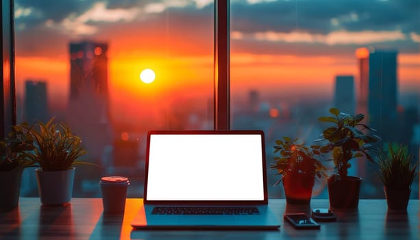 A laptop is open on a desk with a view of the city skyline by AI generated image.