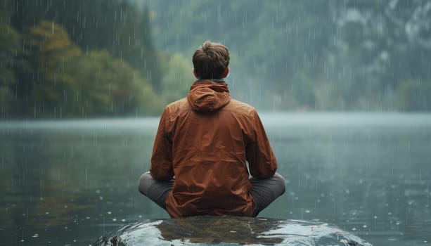 A man sits on a rock by a lake, looking out at the water by AI generated image.