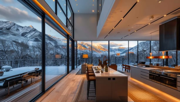 A large, open kitchen with a view of the mountains by AI generated image.