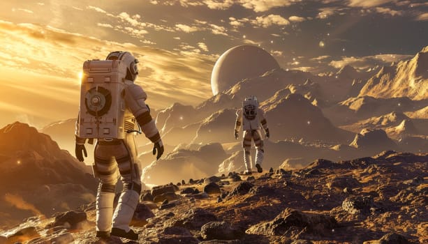 A group of astronauts are walking on a red planet by AI generated image.