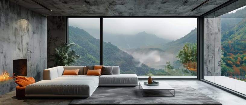 A living room with a fireplace and a large window overlooking a mountain by AI generated image.