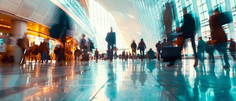 A busy airport with people walking around and carrying luggage by AI generated image.