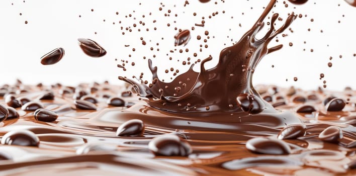 A splash of chocolate with coffee beans floating in the air by AI generated image.