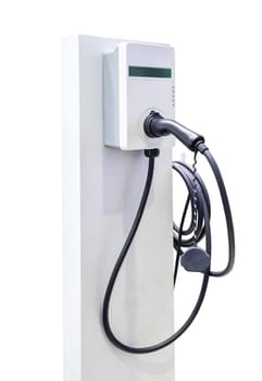 EV Charger isolated on white background .electric vehicle charging station with plug of power cable supply for EV car