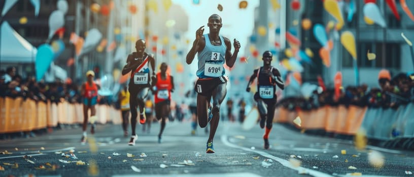 A man is running in a race with other runners by AI generated image.
