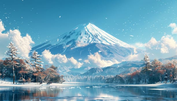 A mountain range with a snow covered peak and a lake in the foreground by AI generated image.