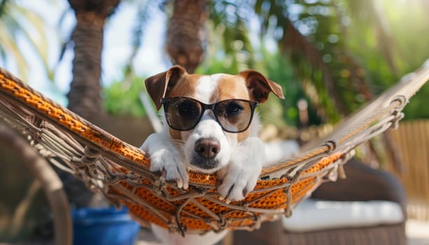 A dog is laying in a hammock with sunglasses on its face by AI generated image.