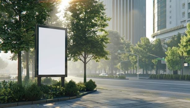 A large white billboard is in the middle of a city street by AI generated image.