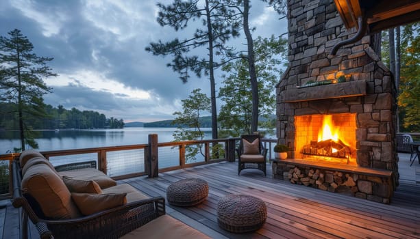 A cozy cabin with a fireplace and a lake in the background by AI generated image.