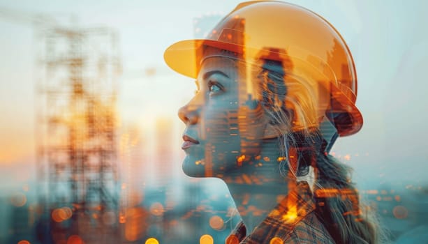 A woman wearing a hard hat is looking out over a city by AI generated image.