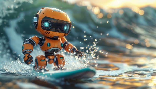 A robot is surfing on a surfboard in the ocean by AI generated image.