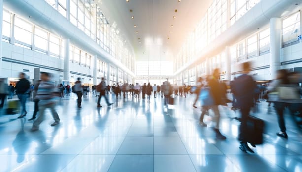 A busy airport with people walking around and carrying luggage by AI generated image.