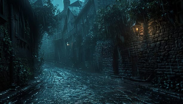 A dark alleyway with a wet cobblestone path by AI generated image.