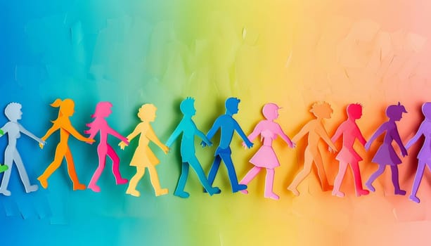 A group of people are walking in a rainbow line by AI generated image.