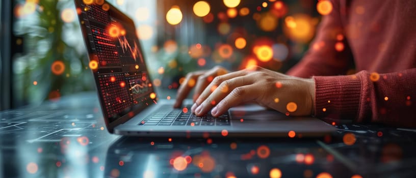 A man is typing on a laptop computer with a screen displaying a map of the world by AI generated image.