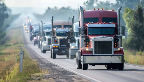 A long line of semi trucks are driving down a road by AI generated image.